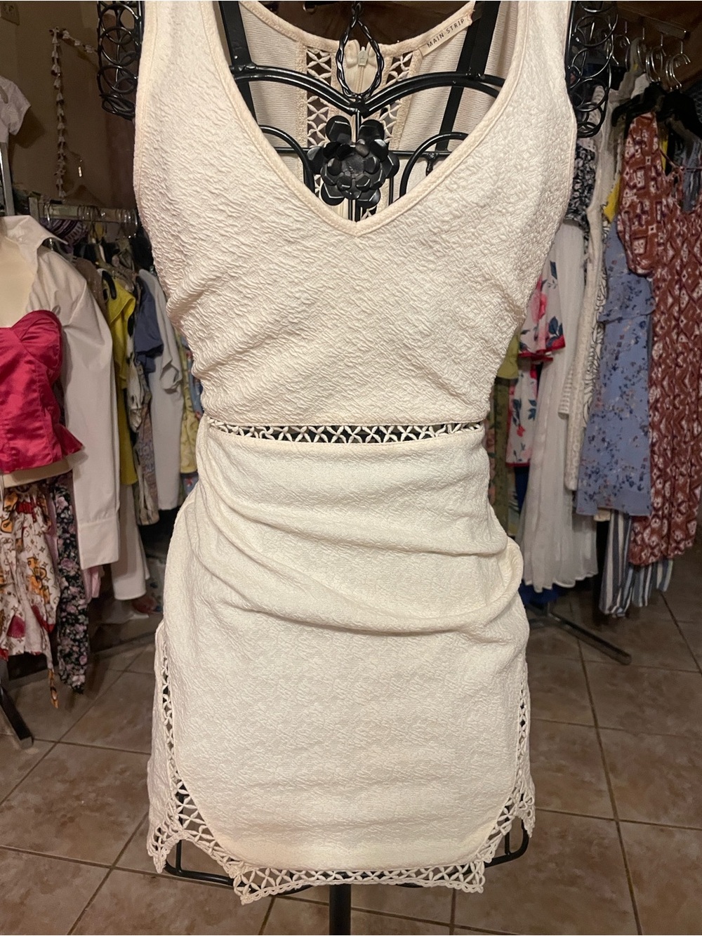 Main Strip Cream V-Neck Crochet-Trim Mini Dress